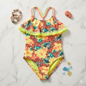 Breaking Waves Girls One Piece Swimsuit Floral Animal Print with Fringe Size 12
